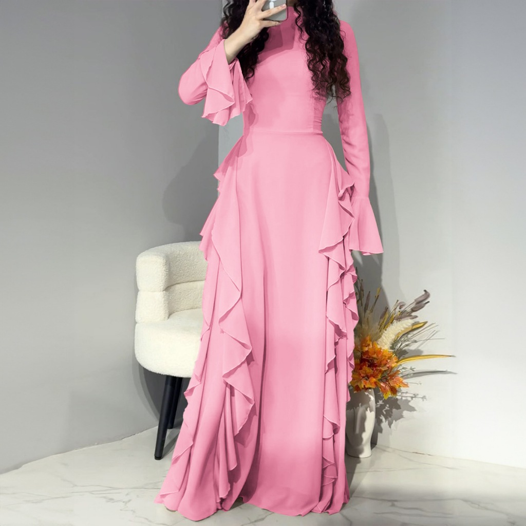 Elegant Midi Women's Dress Elegant Casual High Waisted Solid Color Design Flared Sleeves Dress