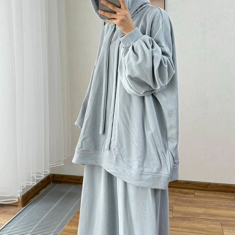 Arab Women's Set Two Pieces Suit Long Sleeve Hooded Tops Loose High Waist Skirt with Pocket Dubai Casual Clothing