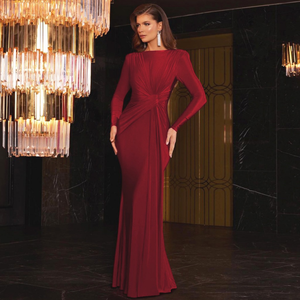Long Sleeves Shoulder Pad Ruched Maxi Dress Solid Elegant Prom Evening Party Long Dress Women’S Outfit