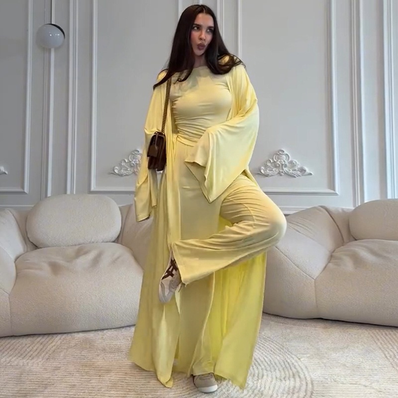 High Waist Wide Leg Pants Solid Color Long Sleeve Floor-Length Robe Round Neck Ladies' 3-Piece Set
