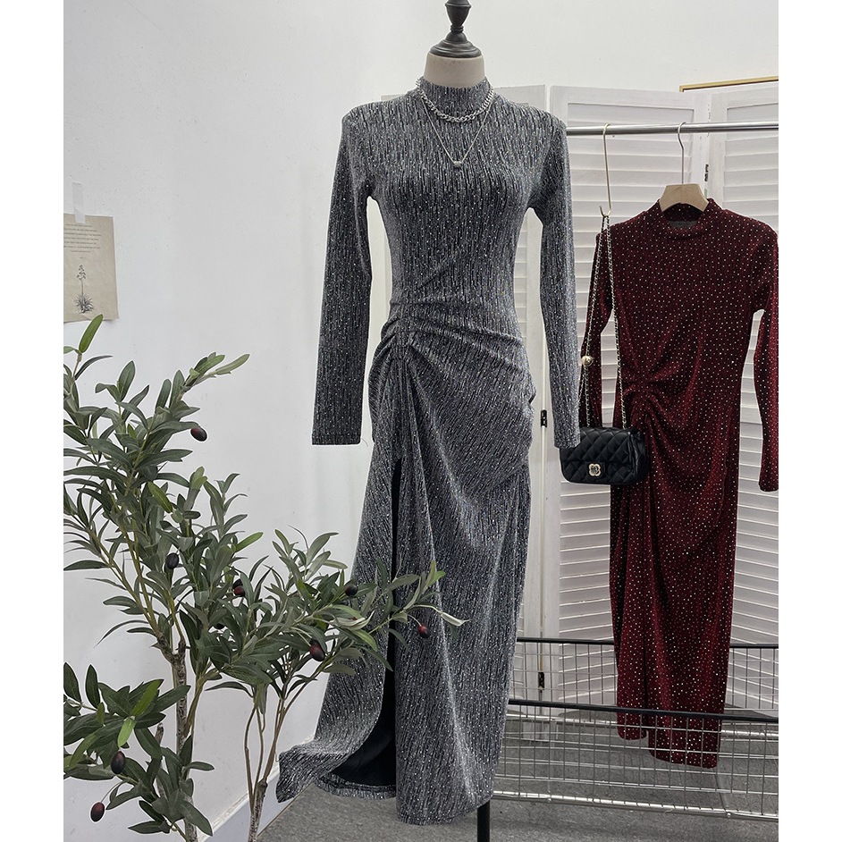 Glam Sequin Slit Maxi Dress – Sexy Pleated Waist, Shoulder Pads & Elegant High Collar