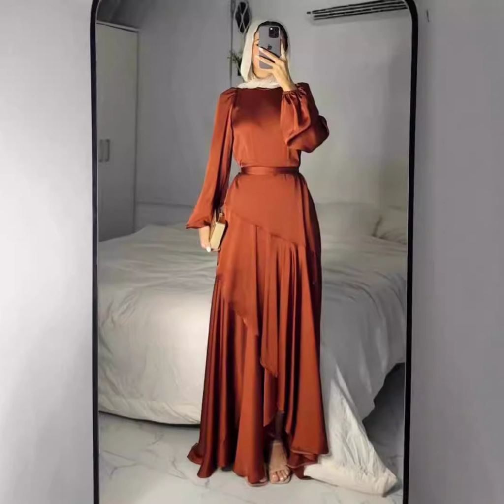 New Fashion Muslim Women's Satin Solid Color Gown with Lace Hem And Belt Large Swing Fashionable Elegant Dress