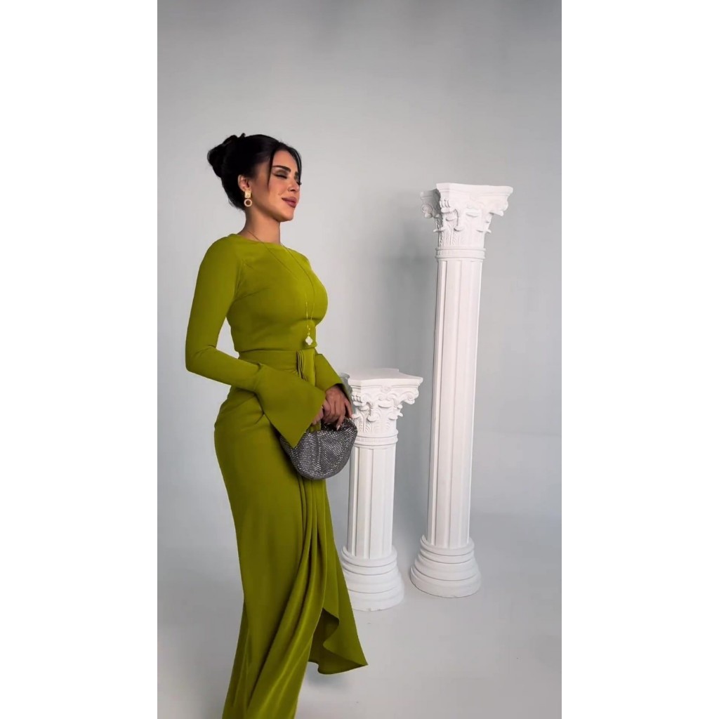 Casual Solid Prom Dress Elegant O Neck High Waist Pleated Commuter Dress New Autumn Fashion Flared Sleeve Split