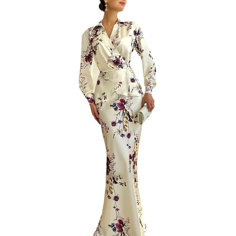 2 Piece Sets Elegant Muslimah Women V-neck Long Sleeved Top and Skirt Fashion Floral Print Slim Fit Suit Party Outfits