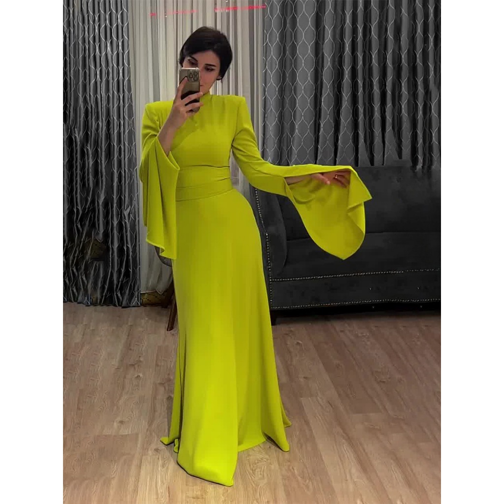Latest Style Fashion Solid Color Party Evening Dress Women Spring Summer Ruffle Sleeves Elegant A-Line Maxi Dresses
