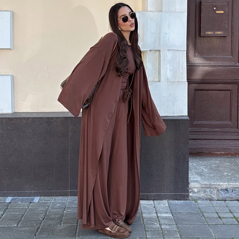 High Waist Wide Leg Pants Solid Color Long Sleeve Floor-Length Robe Round Neck Ladies' 3-Piece Set