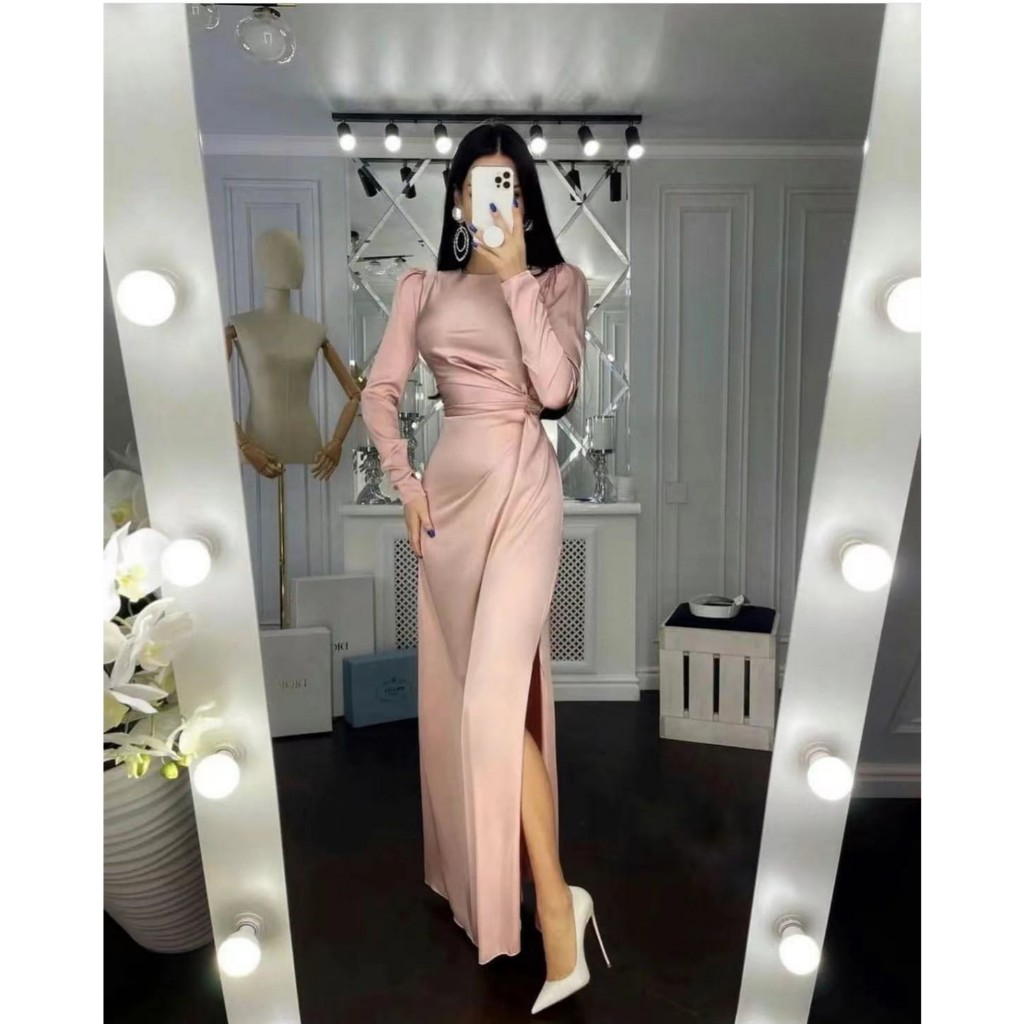 Women Sexy High Slit Satin Party Dress Office Fashion Boadycon Long Dresses Elegant O Neck Long Sleeve Solid Maxi Dress