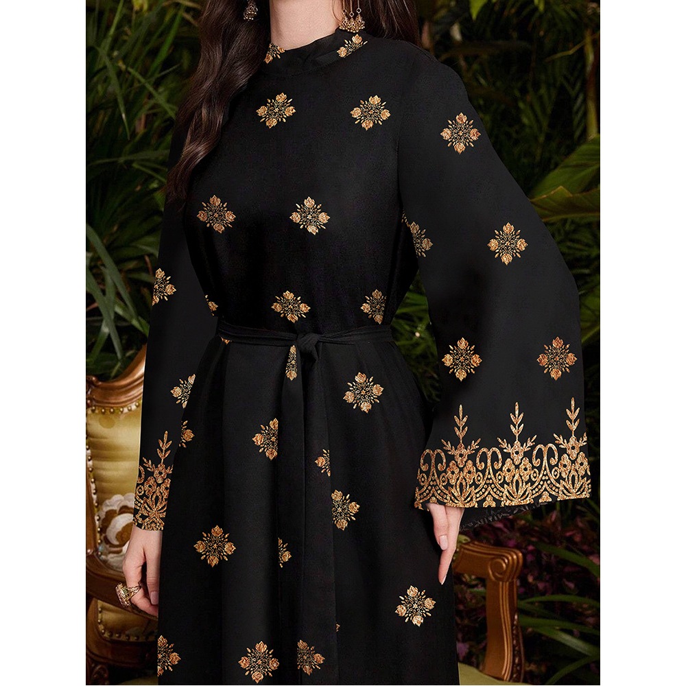 Elegant Black Printed Long-Sleeved Dress – Slim Fit, Waist-Hugging Maxi for Women Formal, Casual & Party Wear