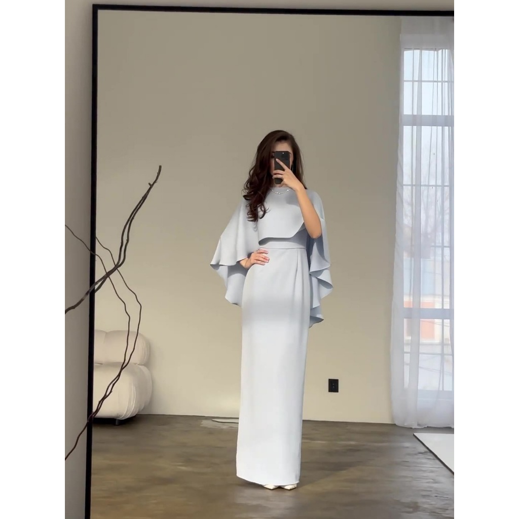 Dress Women Long Dresses Solid Color Slim Fit Tight Waist Round Collar Shawl Splice Elegant Female Vestidos
