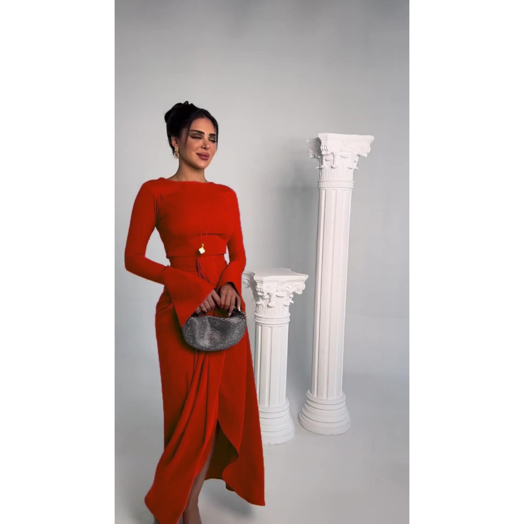 Casual Solid Prom Dress Elegant O Neck High Waist Pleated Commuter Dress New Autumn Fashion Flared Sleeve Split