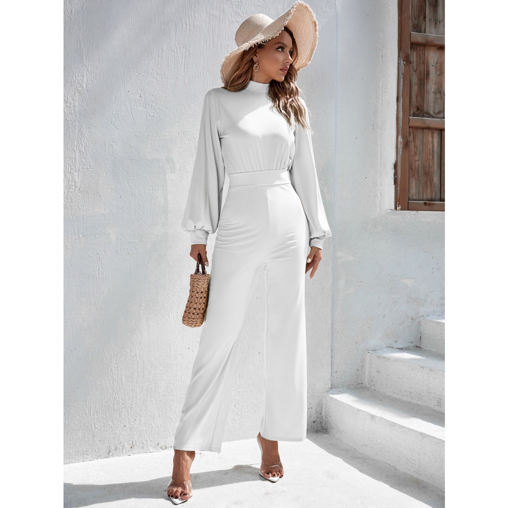 Sexy Bodysuit Women Jumpsuits Wide Leg Solid Color High Neck Long Sleeve Streetwear