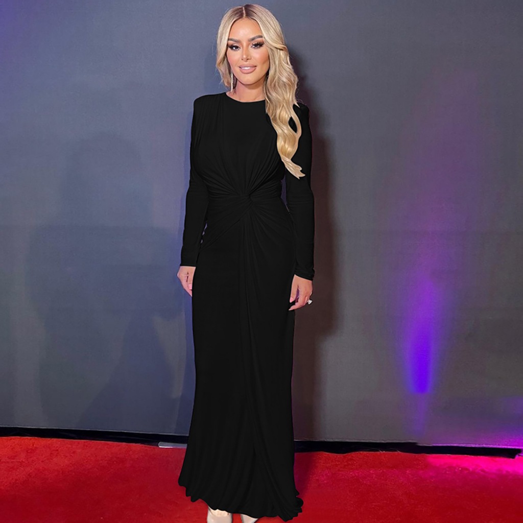 Long Sleeves Shoulder Pad Ruched Maxi Dress Solid Elegant Prom Evening Party Long Dress Women’S Outfit