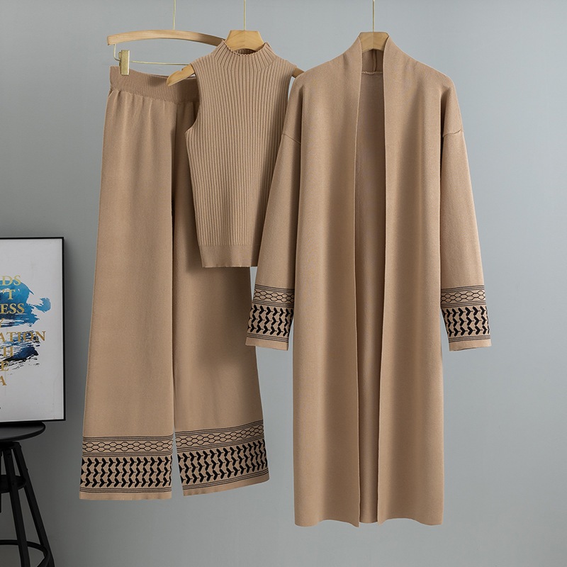 Casual Knitted Three-piece Sets Temperament Casual Cardigan Sweater Vest Wide Leg Pants Sets For Women Spring