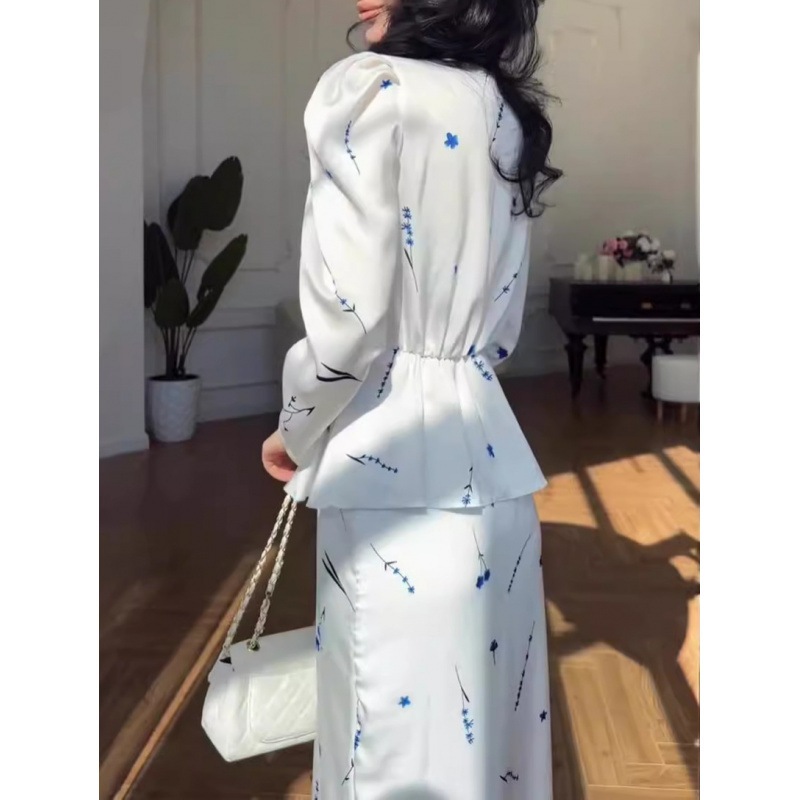 2 Piece Sets for Women Print Elegant Satin Long Sleeve Top & Long Skirt Suits New Style
