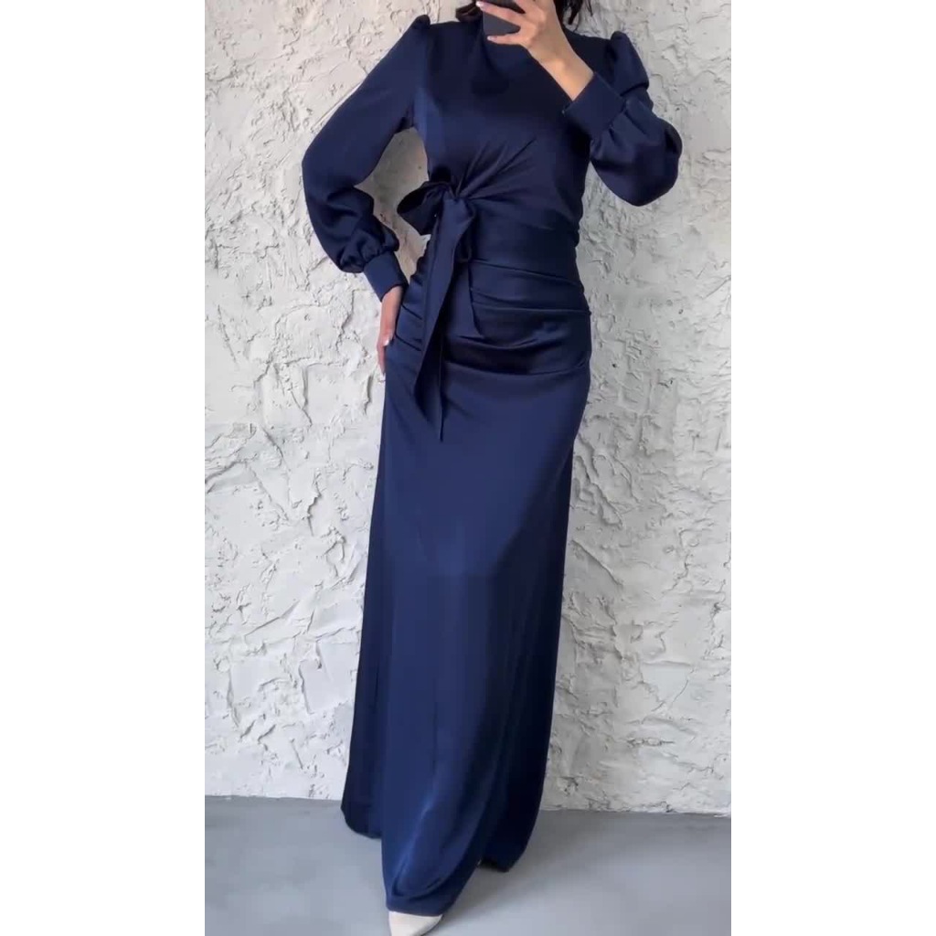Dress Women Autumn Fashion Solid Color Satin Dress Women High Neck Long Sleeve High Waist Tie Up Elegant Slim Maxi Dress