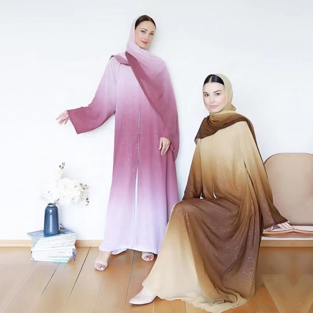 3 Piece Dubai Luxury Shiny Gradient Color Abaya Open Muslim Dresses with Scarf Chiffon Modest Robe Khimar Islamic Caftan