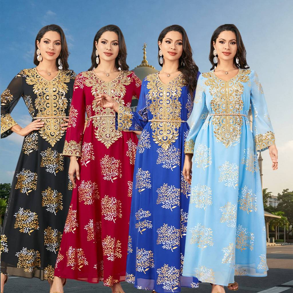 Summer Middle East Arab New Floral Gold Plated Women Dresses Party Dresses Malayu Kaftan with Customized Belt