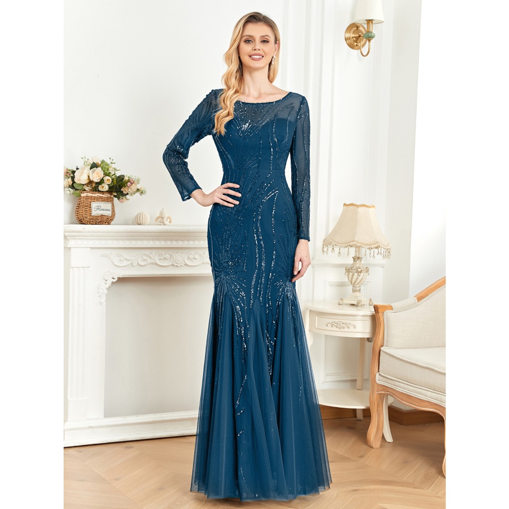 Elegant Long Sleeves Sequin Tulle Evening Dresses Women Luxury Mermaid Formal Bridesmaid Party Maxi Prom Dress