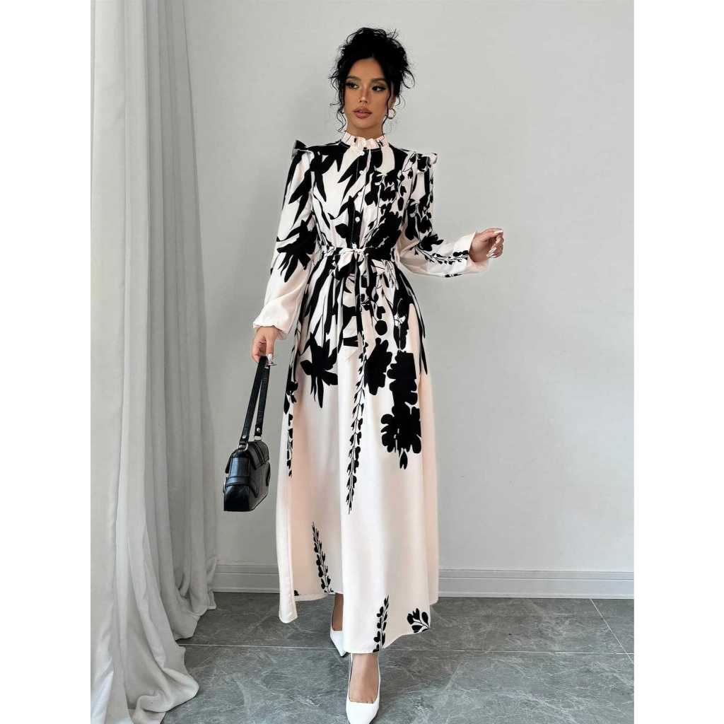 Women's Floral Waist-Cinching Long Sleeve A-Line Dress With Front Button Waist-Cinching Print Elegant Long Dress
