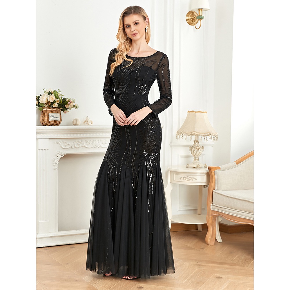 Elegant Long Sleeves Sequin Tulle Evening Dresses Women Luxury Mermaid Formal Bridesmaid Party Maxi Prom Dress