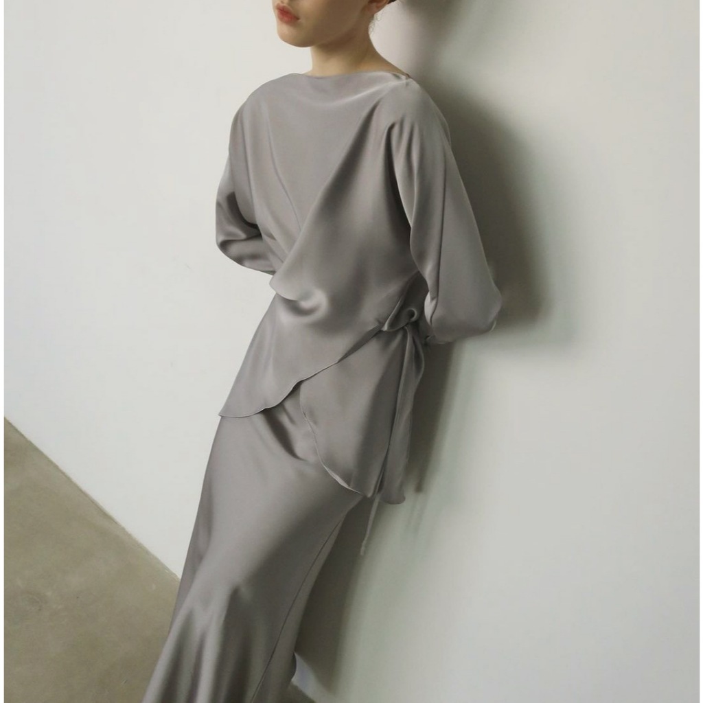 Fashion Long Sleeve Two Piece Outfits Casual Satin Women's Set Elegant Lace-up Blouse Top and Long Skirt Suit