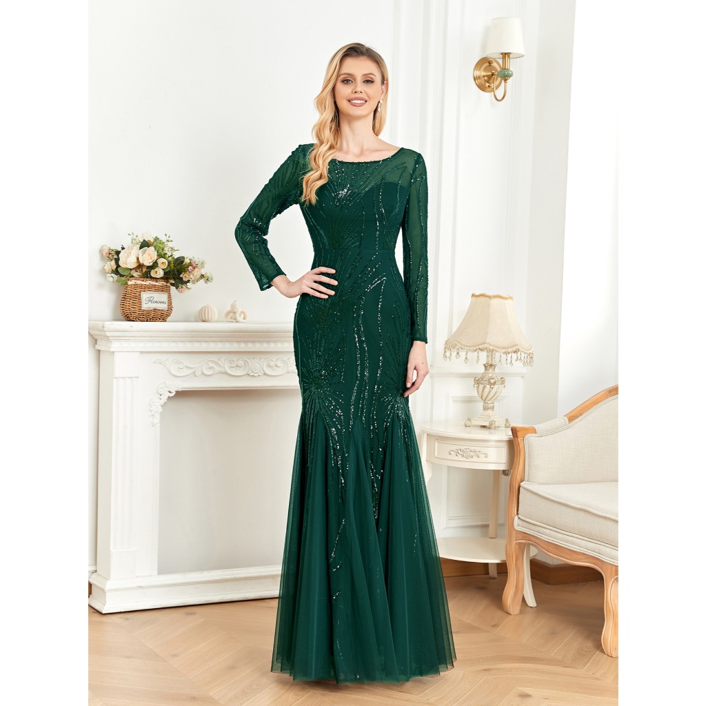 Elegant Long Sleeves Sequin Tulle Evening Dresses Women Luxury Mermaid Formal Bridesmaid Party Maxi Prom Dress
