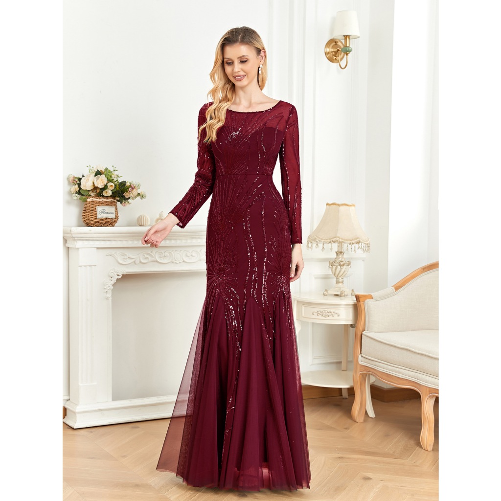 Elegant Long Sleeves Sequin Tulle Evening Dresses Women Luxury Mermaid Formal Bridesmaid Party Maxi Prom Dress