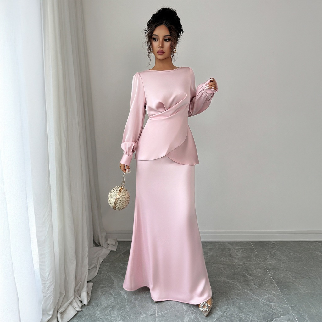 Elegant Satins Outfit Women Long Sleeved Lace Up Top+High Waist Loose Straight Bust Skirt Female Two Piece Set