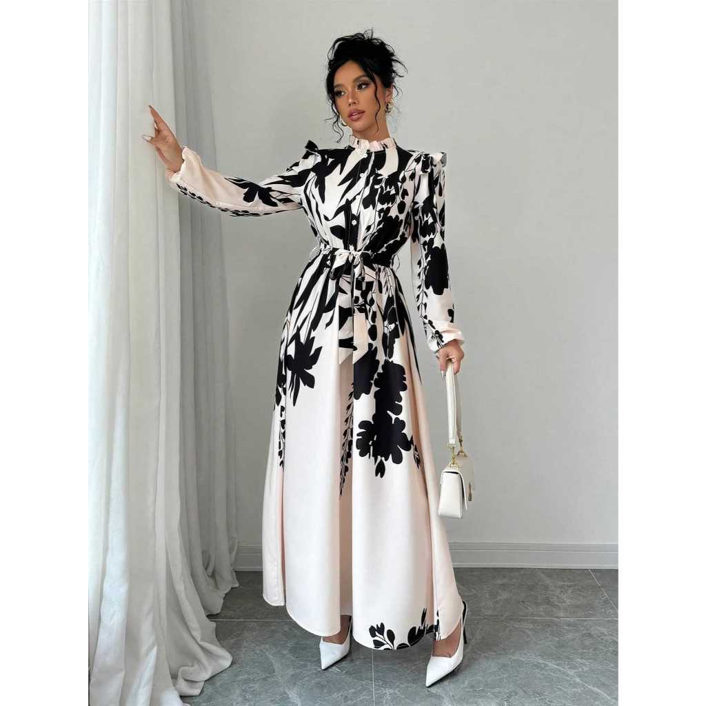 Women's Floral Waist-Cinching Long Sleeve A-Line Dress With Front Button Waist-Cinching Print Elegant Long Dress