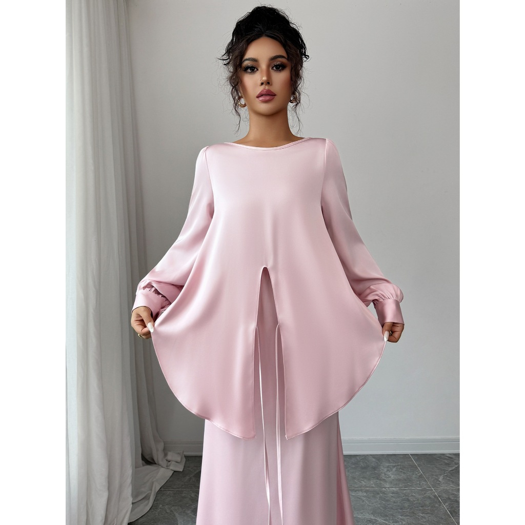 Elegant Satins Outfit Women Long Sleeved Lace Up Top+High Waist Loose Straight Bust Skirt Female Two Piece Set