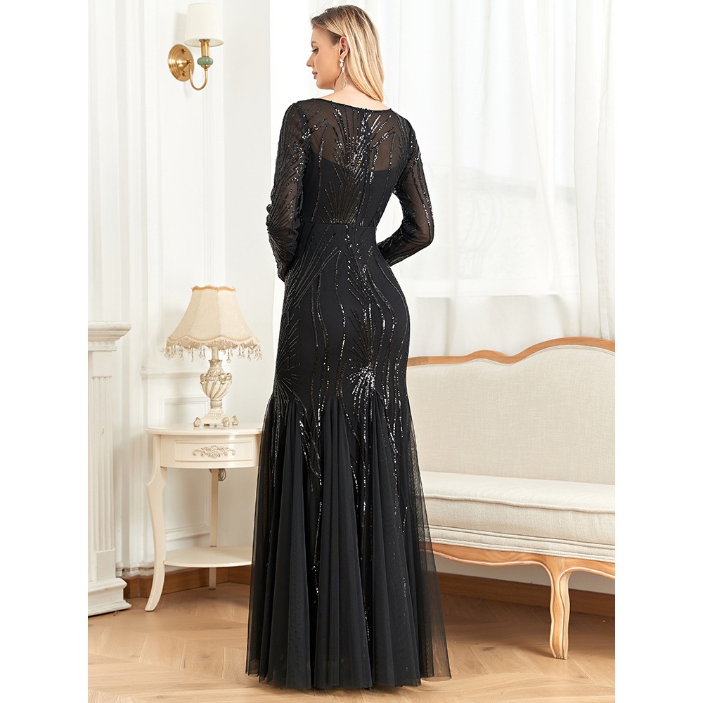 Elegant Long Sleeves Sequin Tulle Evening Dresses Women Luxury Mermaid Formal Bridesmaid Party Maxi Prom Dress