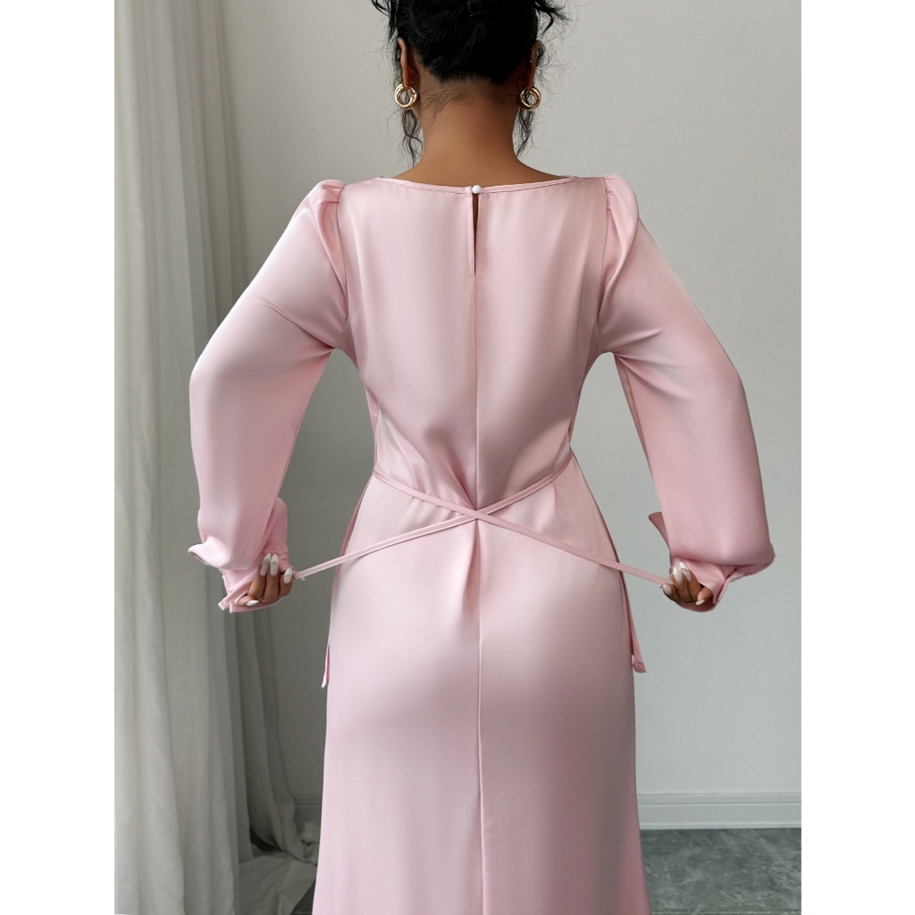 Elegant Satins Outfit Women Long Sleeved Lace Up Top+High Waist Loose Straight Bust Skirt Female Two Piece Set