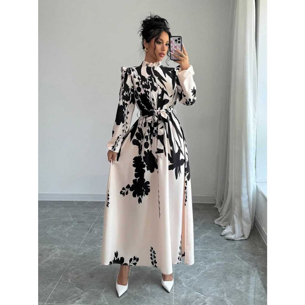 Women's Floral Waist-Cinching Long Sleeve A-Line Dress With Front Button Waist-Cinching Print Elegant Long Dress