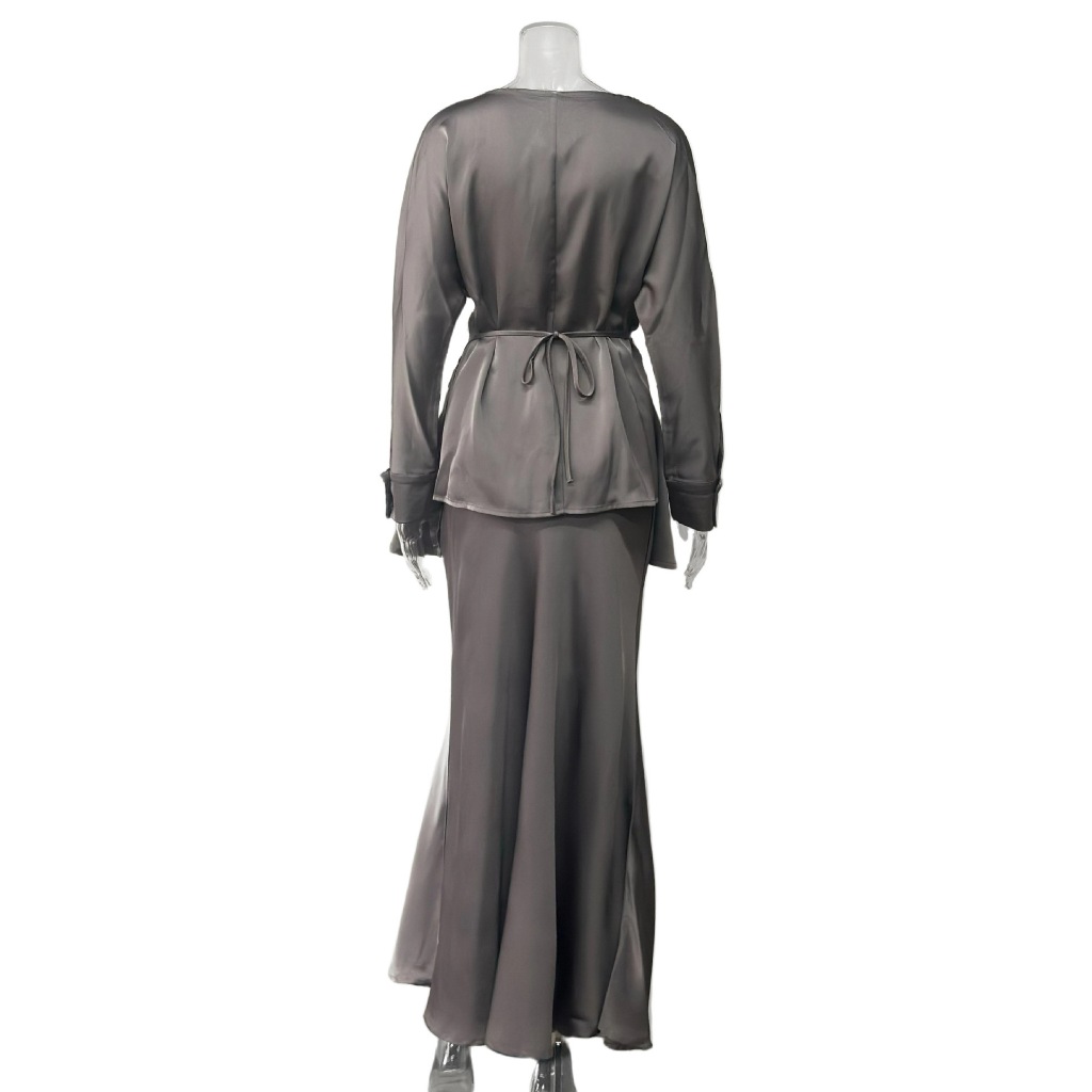 Fashion Long Sleeve Two Piece Outfits Casual Satin Women's Set Elegant Lace-up Blouse Top and Long Skirt Suit
