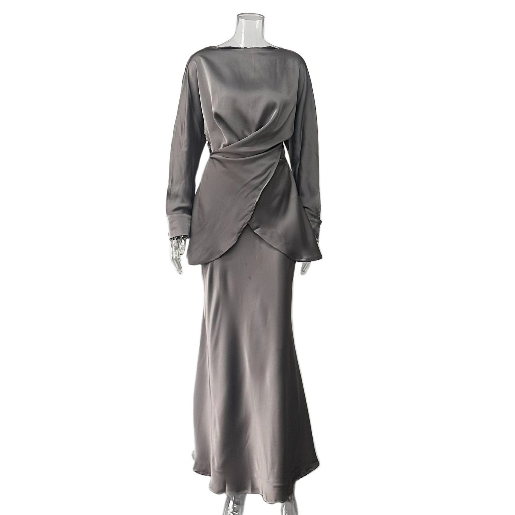 Fashion Long Sleeve Two Piece Outfits Casual Satin Women's Set Elegant Lace-up Blouse Top and Long Skirt Suit