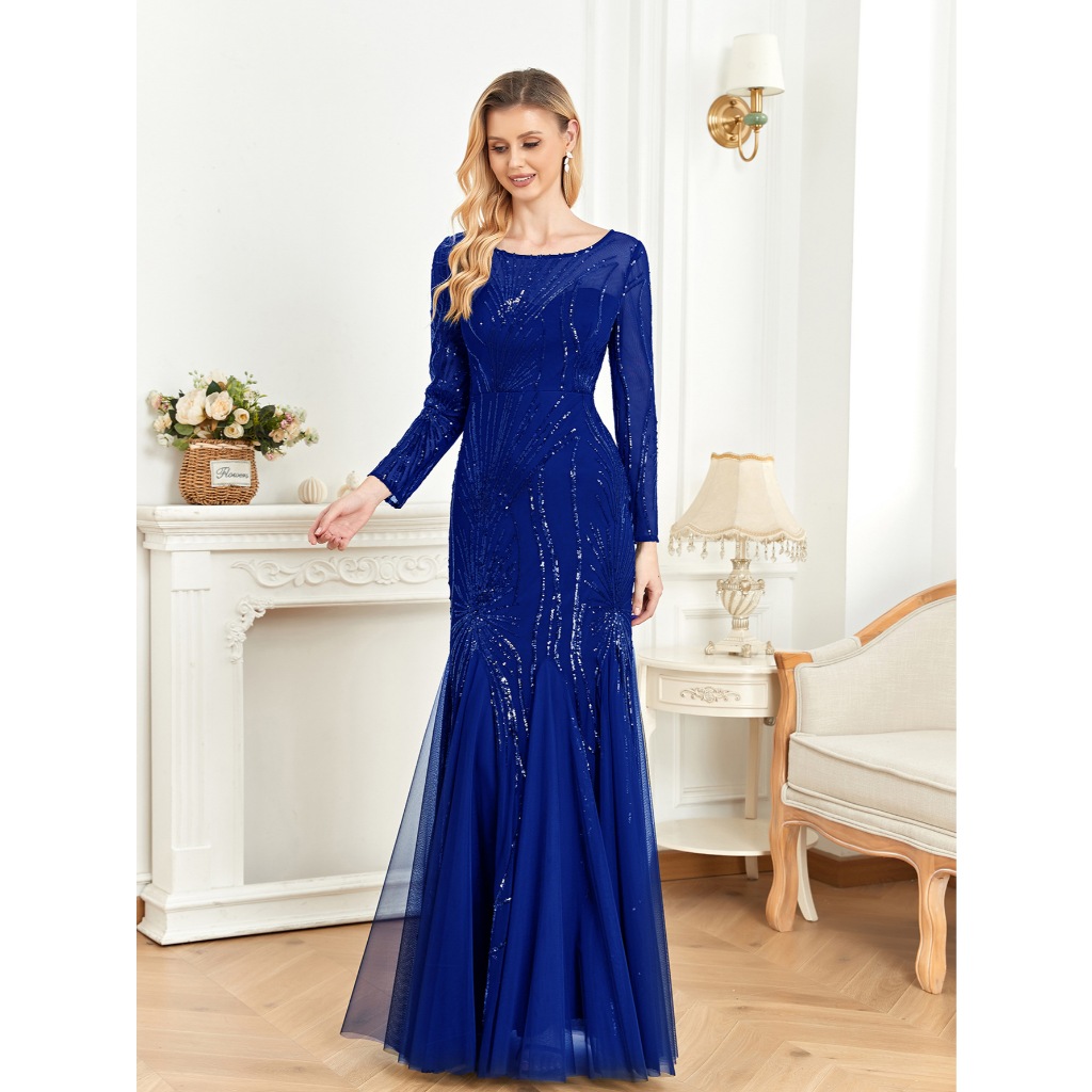Elegant Long Sleeves Sequin Tulle Evening Dresses Women Luxury Mermaid Formal Bridesmaid Party Maxi Prom Dress
