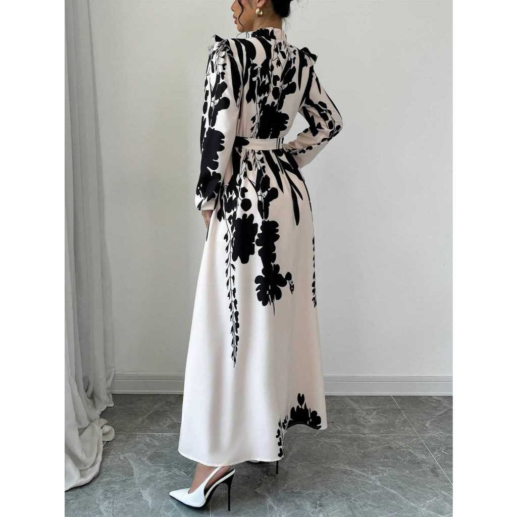 Women's Floral Waist-Cinching Long Sleeve A-Line Dress With Front Button Waist-Cinching Print Elegant Long Dress