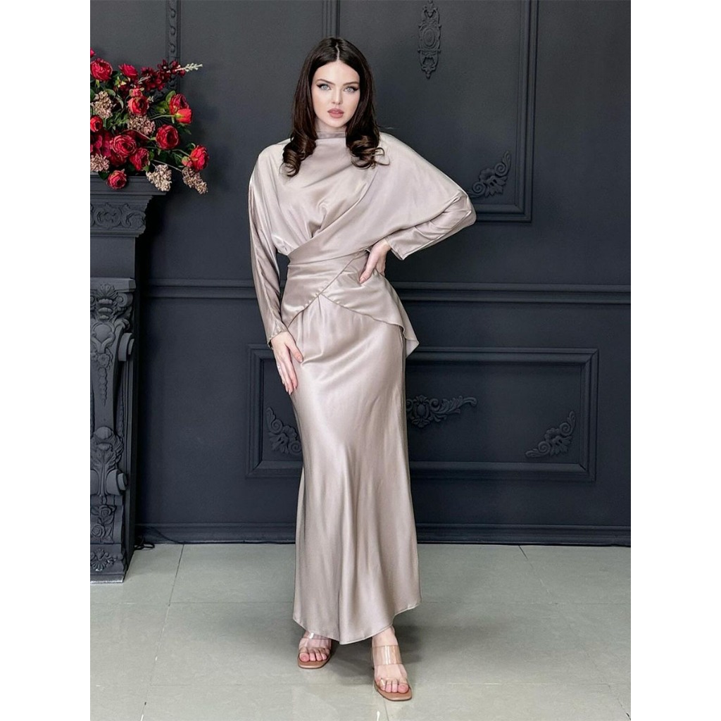 Fashion Long Sleeve Two Piece Outfits Casual Satin Women's Set Elegant Lace-up Blouse Top and Long Skirt Suit