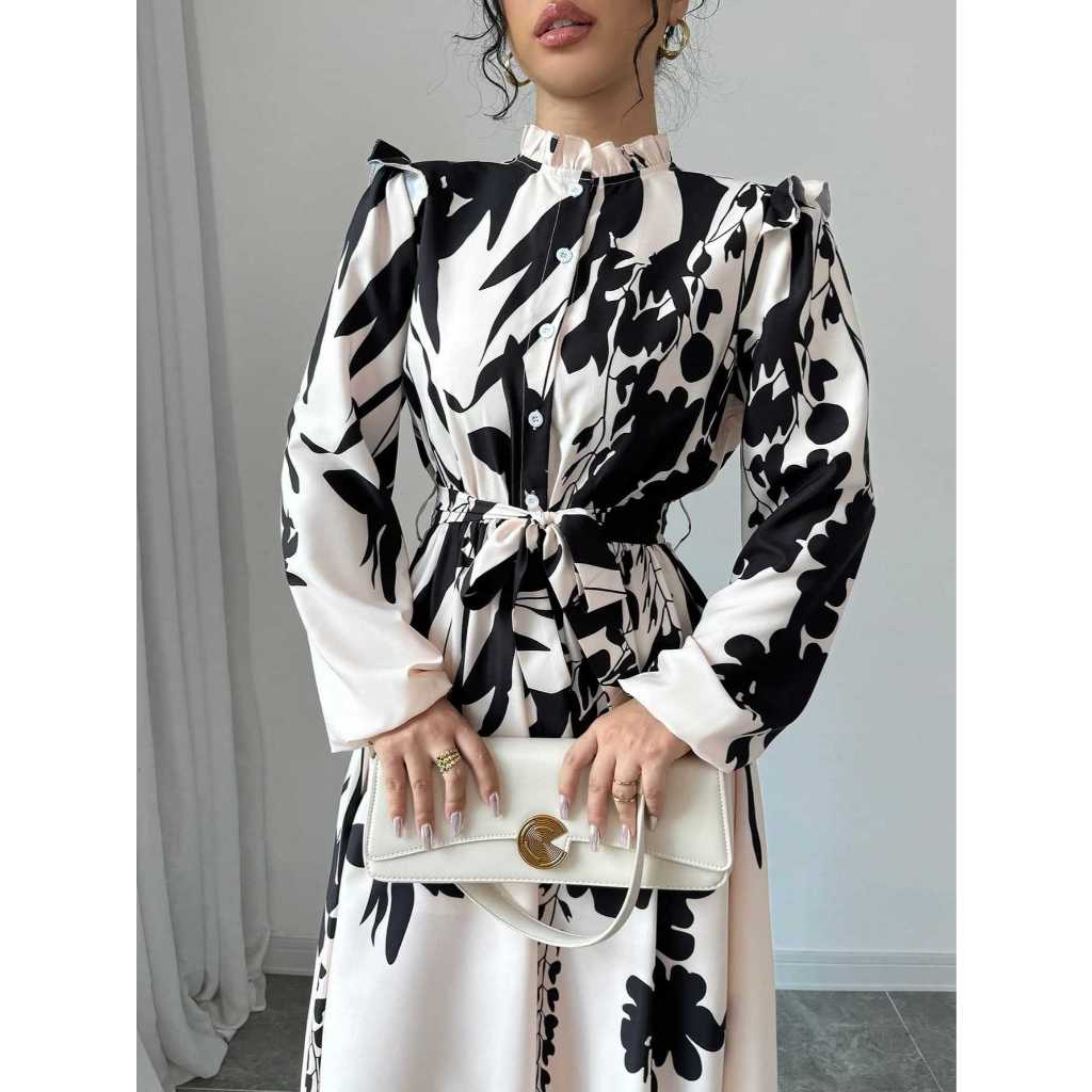 Women's Floral Waist-Cinching Long Sleeve A-Line Dress With Front Button Waist-Cinching Print Elegant Long Dress