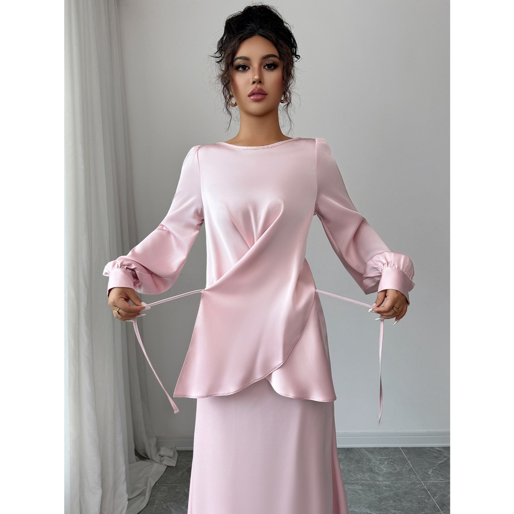 Elegant Satins Outfit Women Long Sleeved Lace Up Top+High Waist Loose Straight Bust Skirt Female Two Piece Set