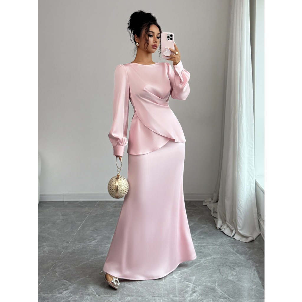 Elegant Satins Outfit Women Long Sleeved Lace Up Top+High Waist Loose Straight Bust Skirt Female Two Piece Set