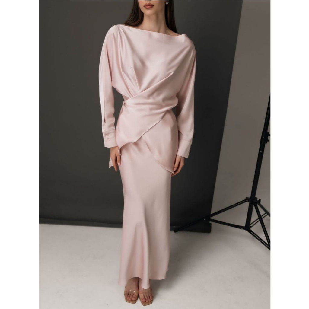 Fashion Long Sleeve Two Piece Outfits Casual Satin Women's Set Elegant Lace-up Blouse Top and Long Skirt Suit