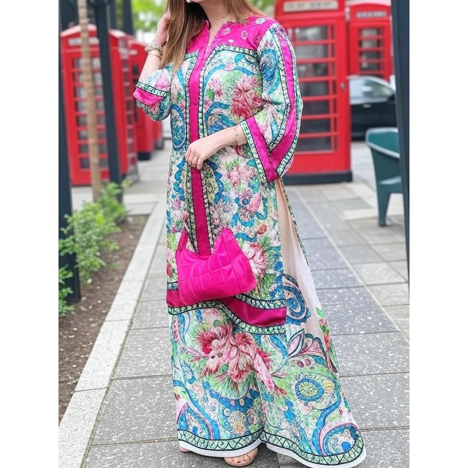 Fashion V-neck Long Sleeve Long Top + Wide-leg Pants 2-piece Set Women's Spring Elegant Floral Print Slit Top Casual Sui