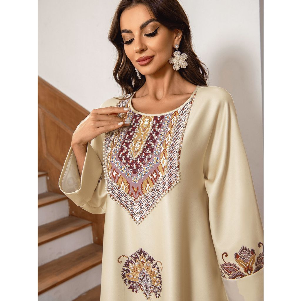 New Robe Muslim Dress Women's Round Neck Long Sleeve Retro Printed Hot Diamond Nail Bead Loose A-line Robe Spring Summer