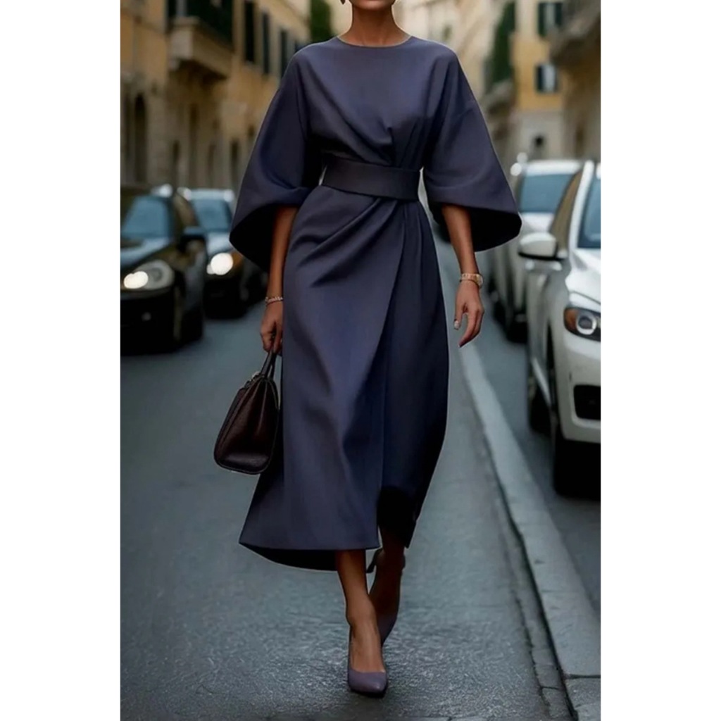 Spring Fashion Solid Color Long Dresses Woman Sexy Round Neck Bat Sleeve High Waist Dress Elegant Commuting Lady Dr