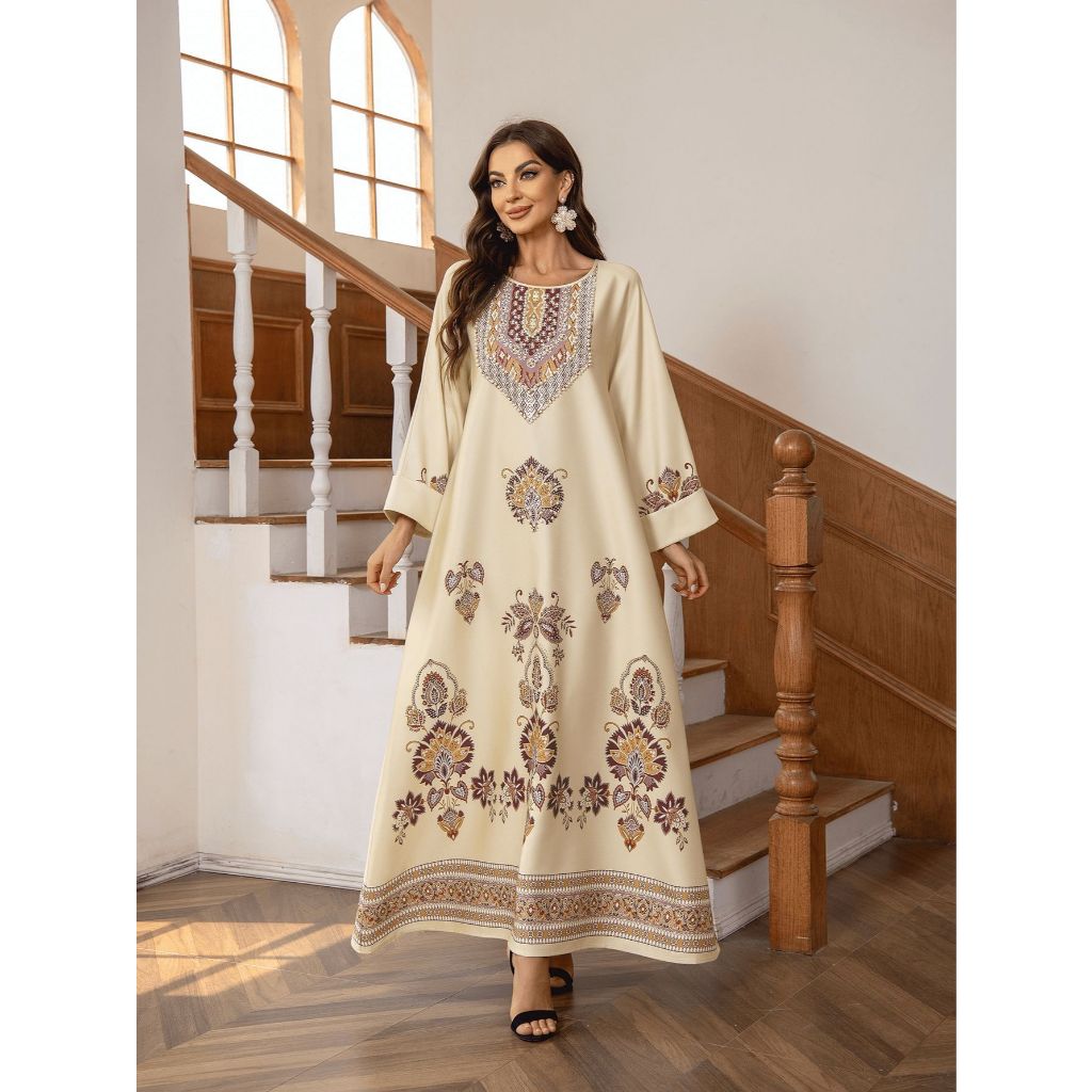 New Robe Muslim Dress Women's Round Neck Long Sleeve Retro Printed Hot Diamond Nail Bead Loose A-line Robe Spring Summer