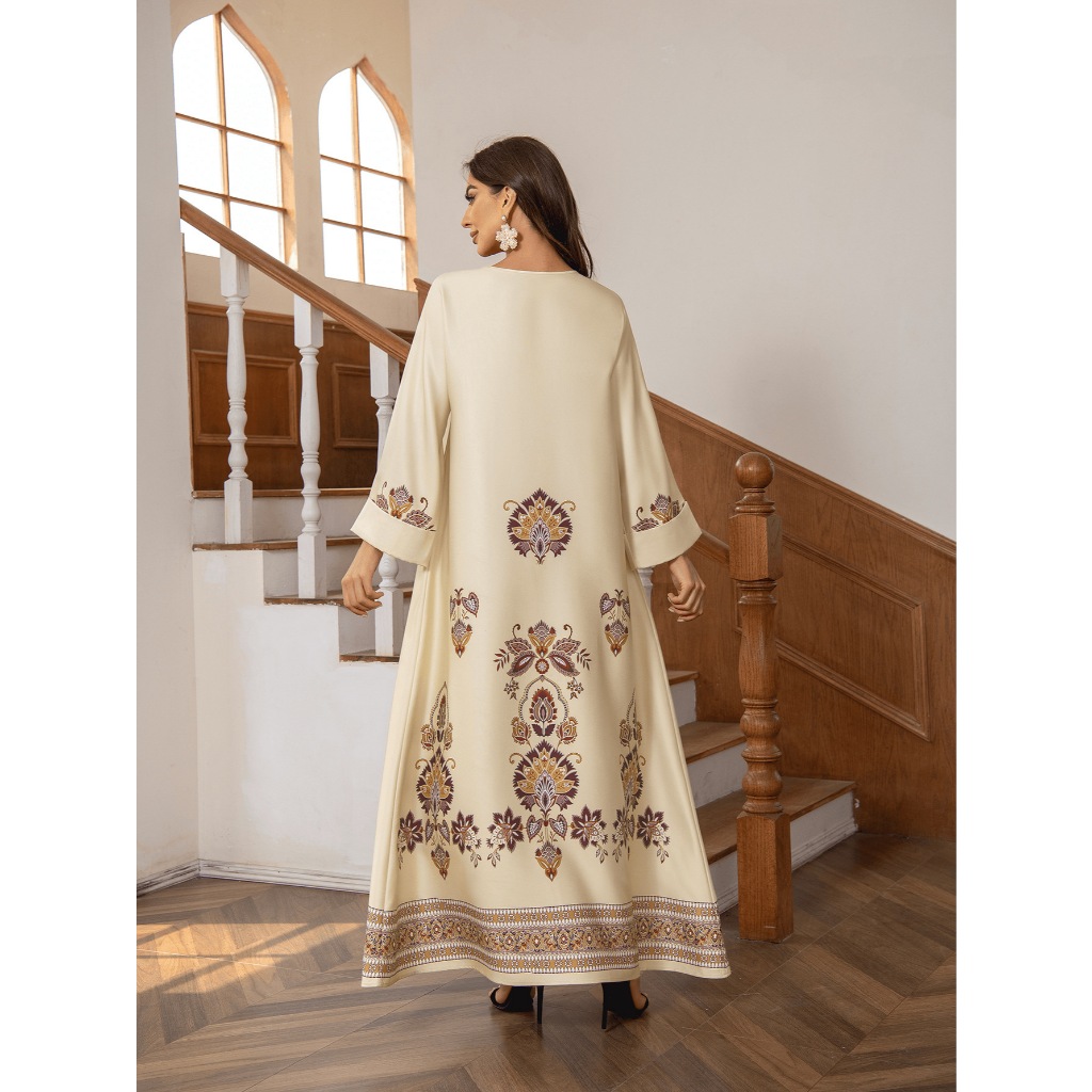 New Robe Muslim Dress Women's Round Neck Long Sleeve Retro Printed Hot Diamond Nail Bead Loose A-line Robe Spring Summer