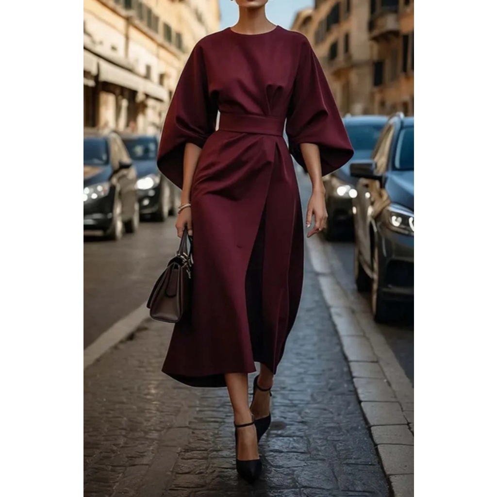 Spring Fashion Solid Color Long Dresses Woman Sexy Round Neck Bat Sleeve High Waist Dress Elegant Commuting Lady Dr