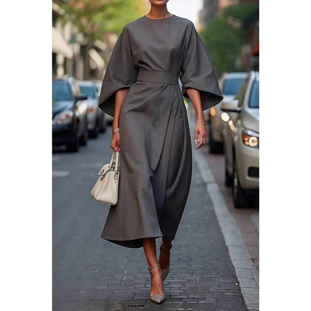 Spring Fashion Solid Color Long Dresses Woman Sexy Round Neck Bat Sleeve High Waist Dress Elegant Commuting Lady Dr