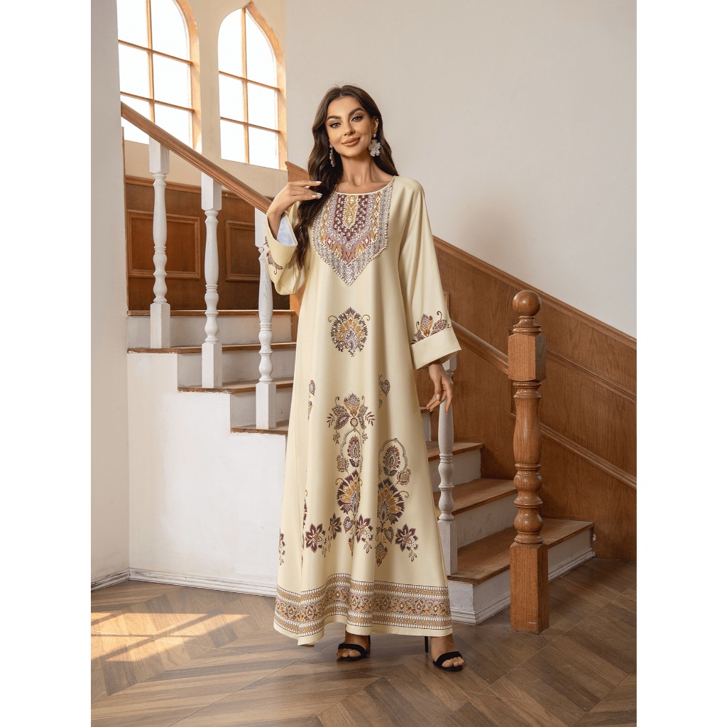 New Robe Muslim Dress Women's Round Neck Long Sleeve Retro Printed Hot Diamond Nail Bead Loose A-line Robe Spring Summer